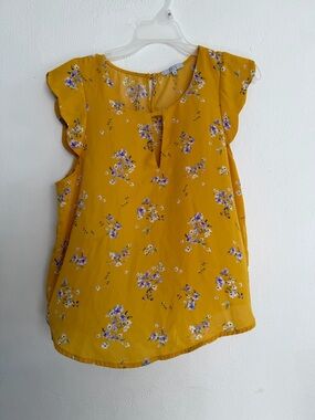 iris Mustard Yellow Floral Flutter Sleeve Blouse